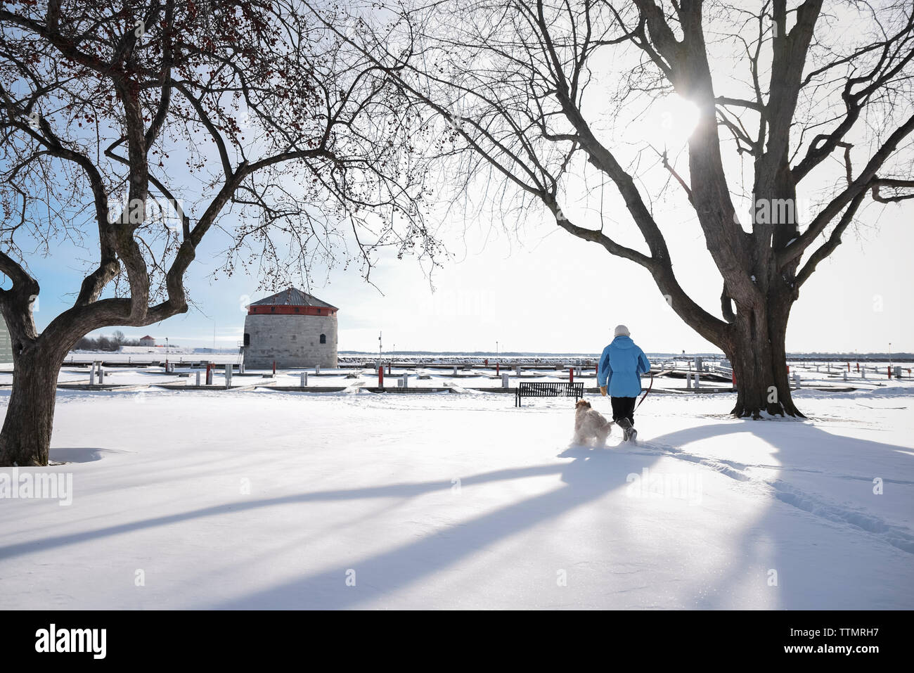 Woman walking dog près de tower et des quais sur le bord de mer sur un jour de neige. Banque D'Images