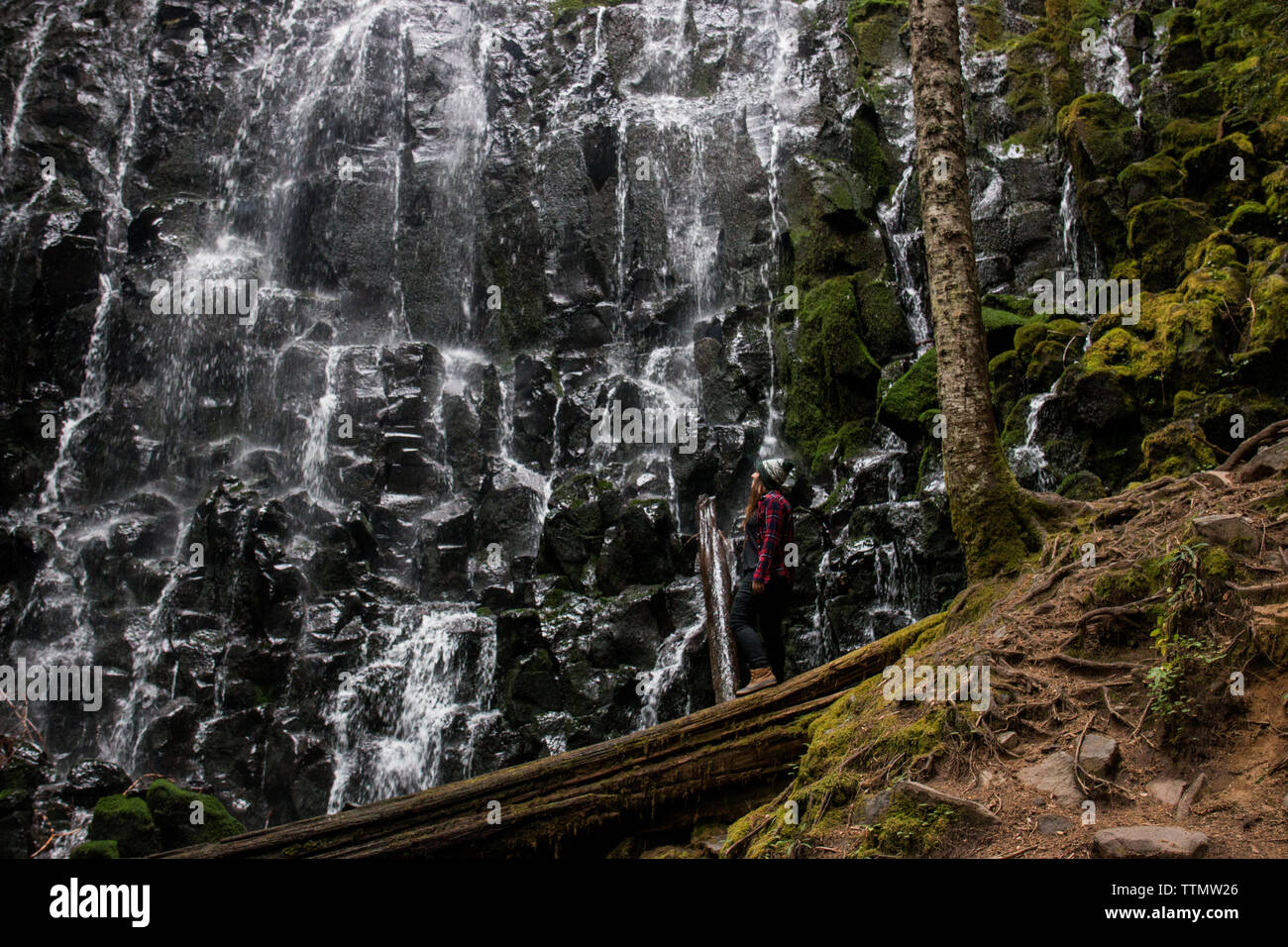 Vue de côté femme debout par Ramona falls in forest Banque D'Images