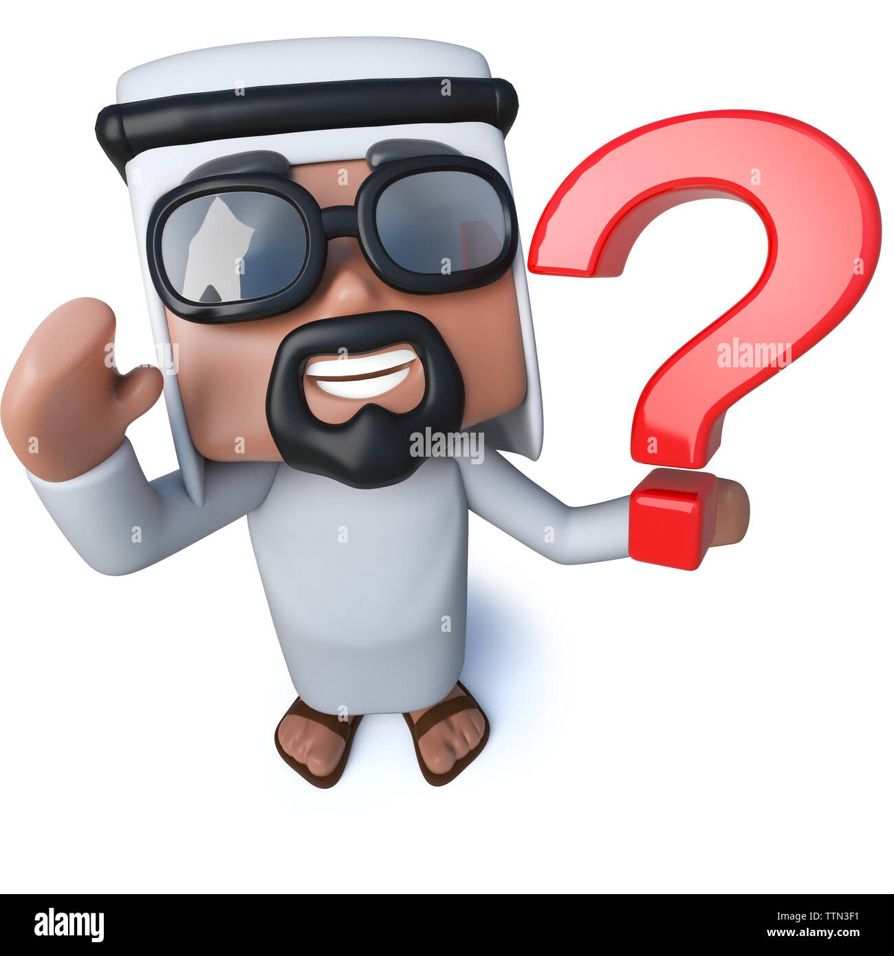 3D render of a funny cartoon cheik Arabe tenant un point d'interrogation Banque D'Images
