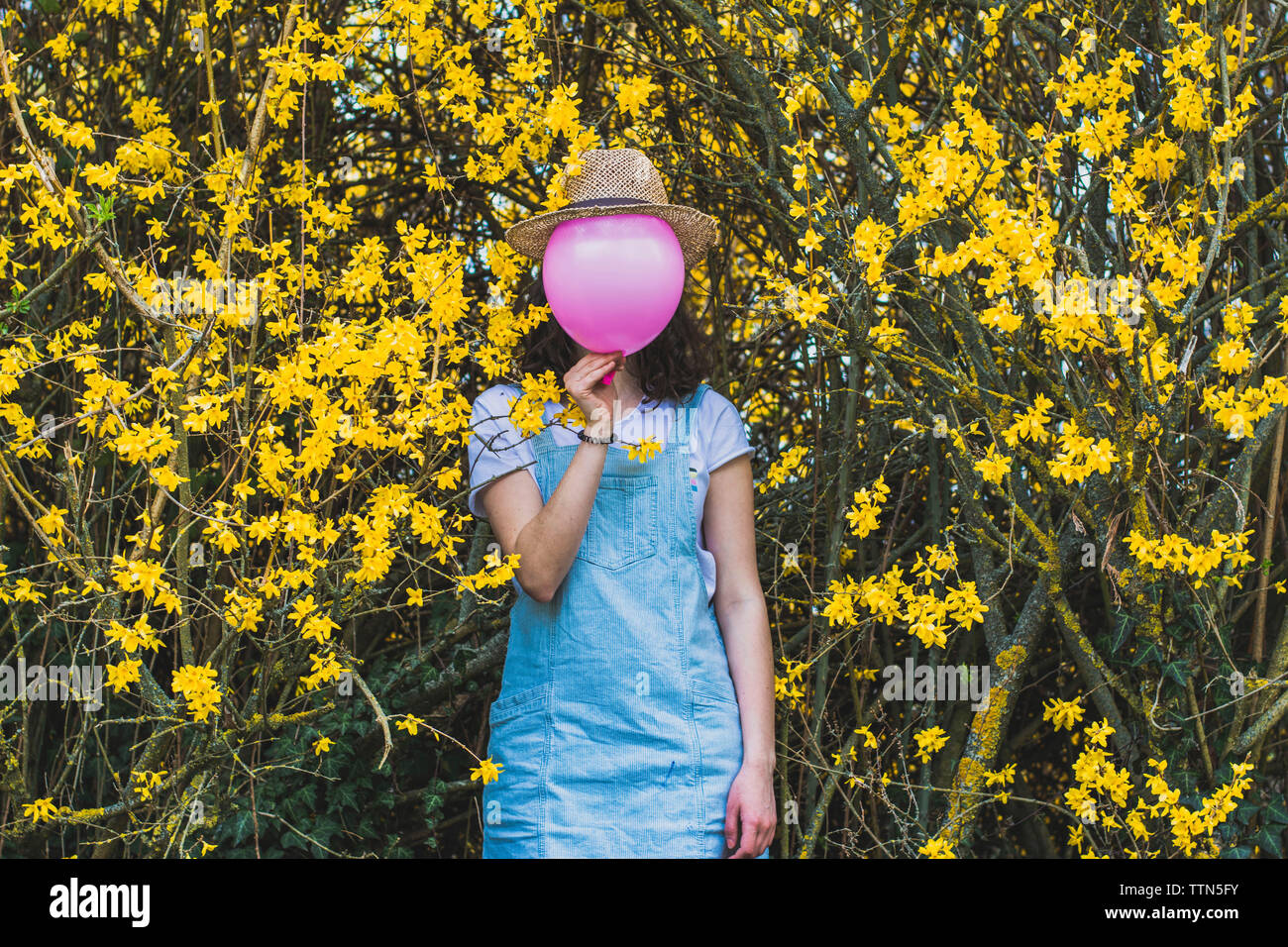 Playful woman hélium ballon rose avec chapeau contre la face tout en se tenant par les fleurs jaunes du park Banque D'Images