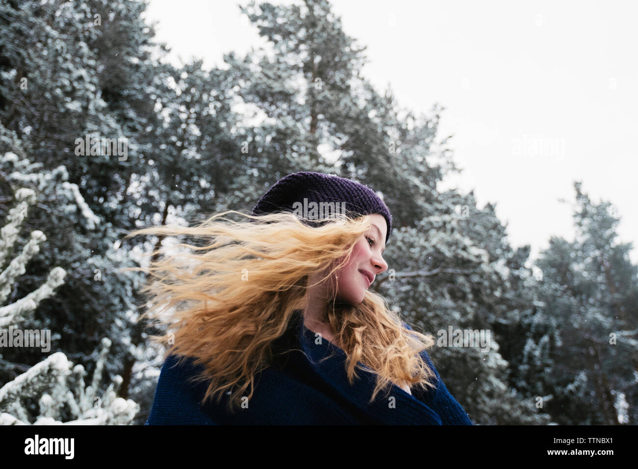 Low angle view of woman with Blonde hair looking away while standing contre des arbres en forêt durant l'hiver Banque D'Images