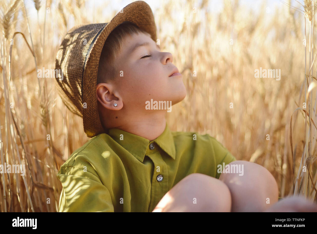 Garçon avec les yeux fermés wearing hat en étant assis au milieu de champ de blé Banque D'Images