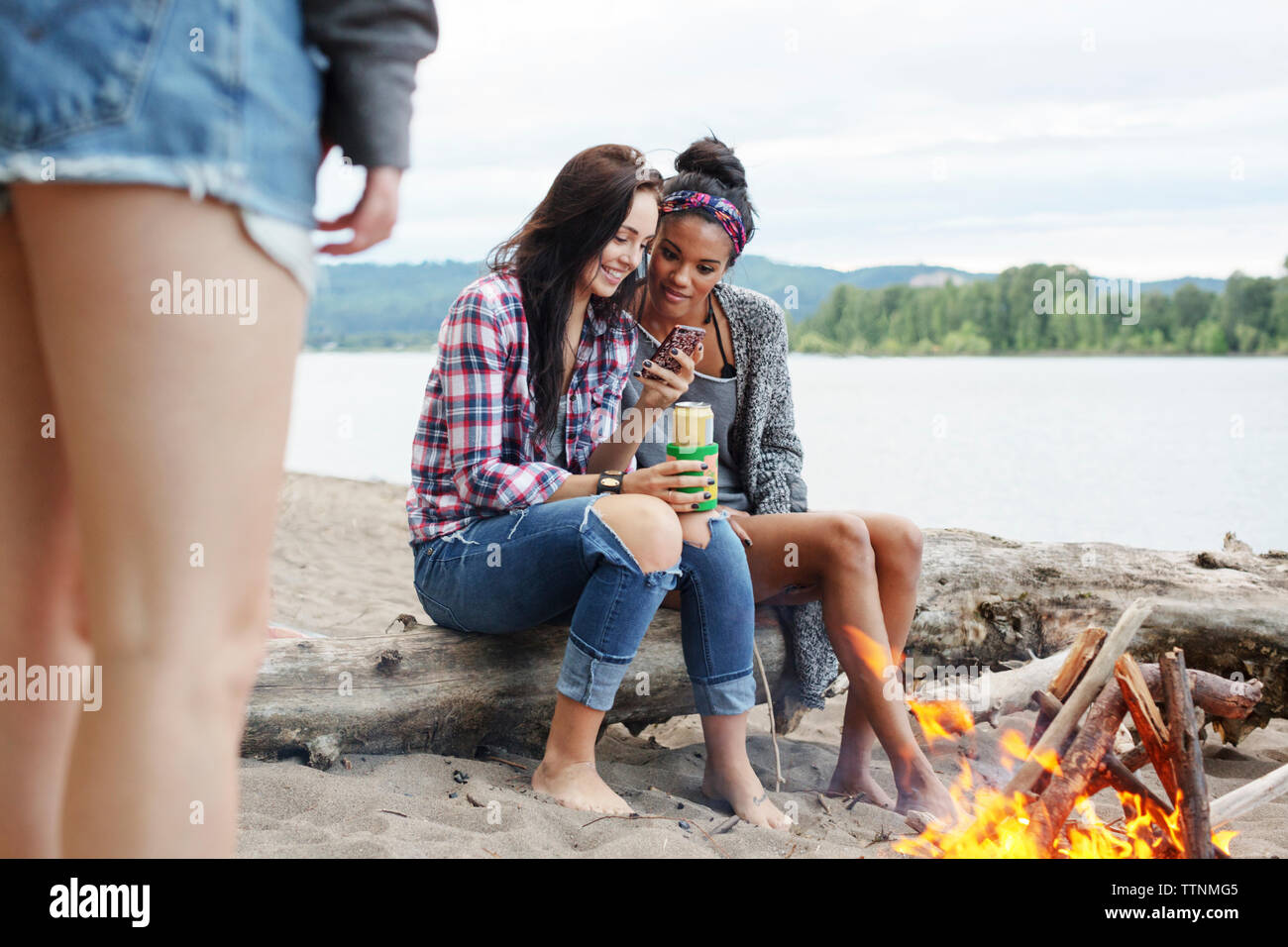 Amis de sexe féminin à l'aide de smart phone while sitting on tree trunk par contre river camp Banque D'Images