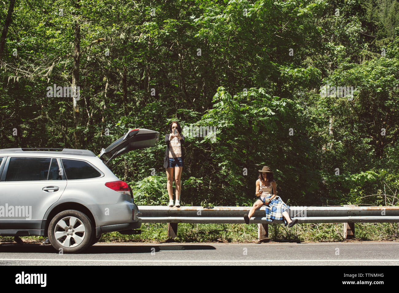 Amis féminins sur main courante en voiture contre des arbres au cours de journée ensoleillée Banque D'Images