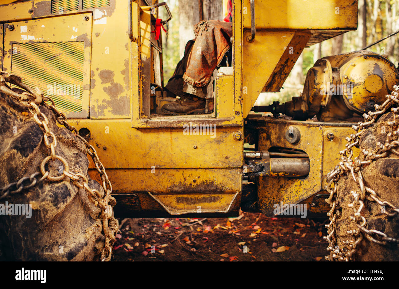 La section basse de bûcheron assis vieux véhicule de construction en forêt Banque D'Images