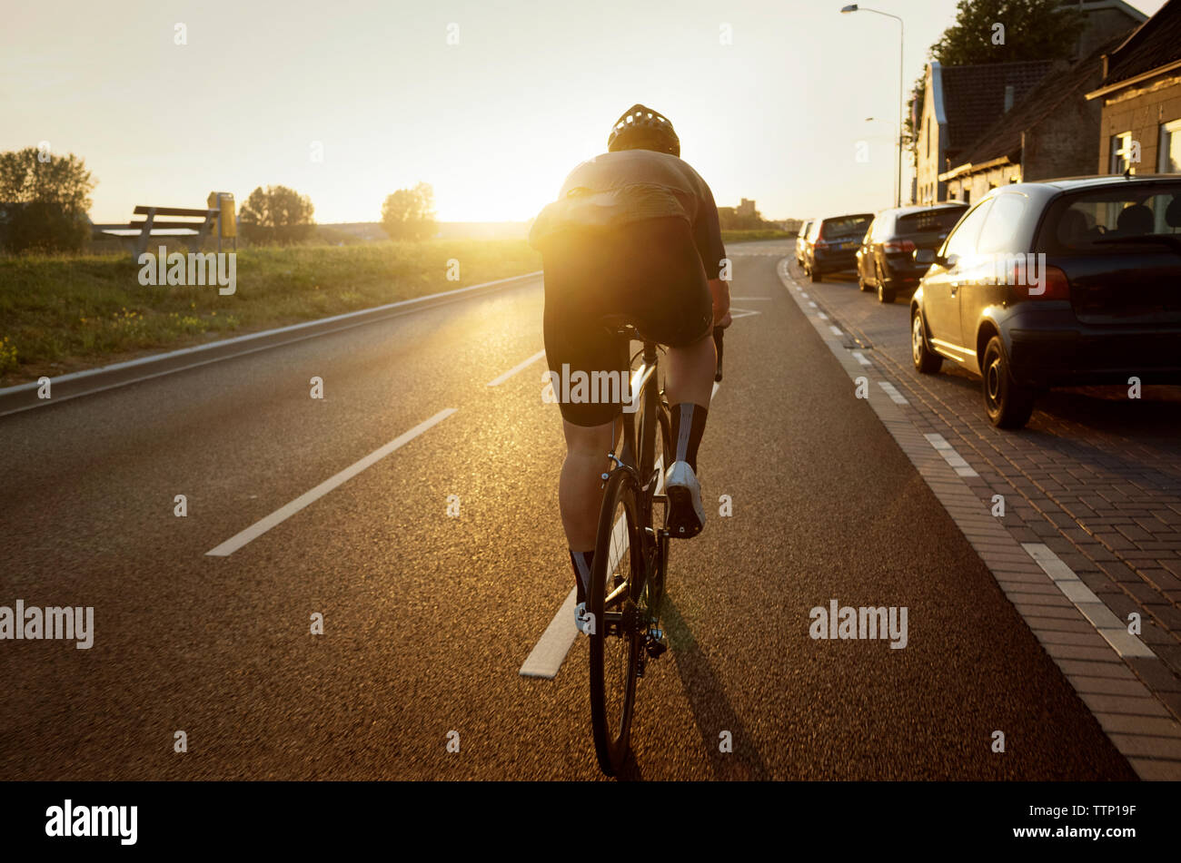 Vue arrière de l'homme à vélo sur route par des voitures en stationnement against sky Banque D'Images