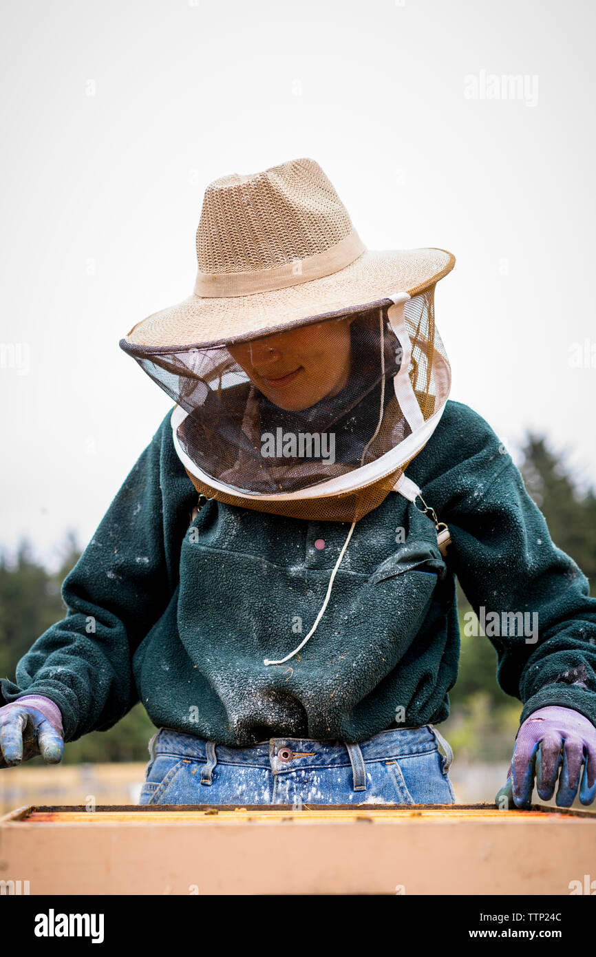 Travail de l'apiculteur femelle contre un ciel clair au niveau de l'exploitation Banque D'Images