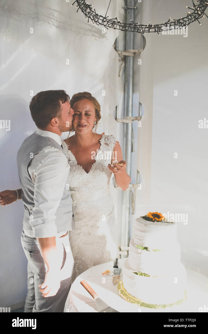 Époux kissing bride at wedding reception Banque D'Images
