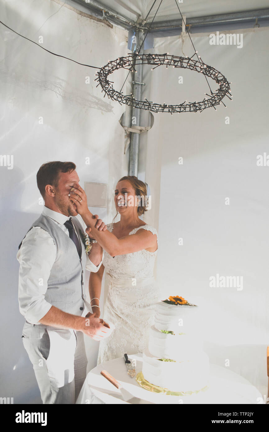 Mariée ludique de mettre le gâteau sur le visage de l'époux à réception de mariage Banque D'Images