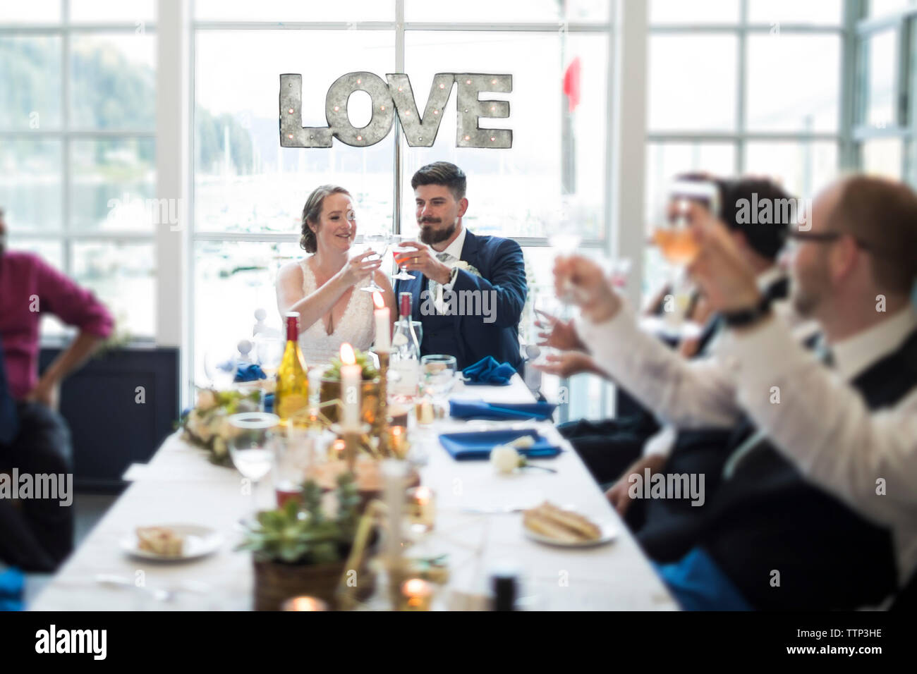 Newlywed couple toasting drinks tout en déjeunant avec la famille dans le Banque D'Images