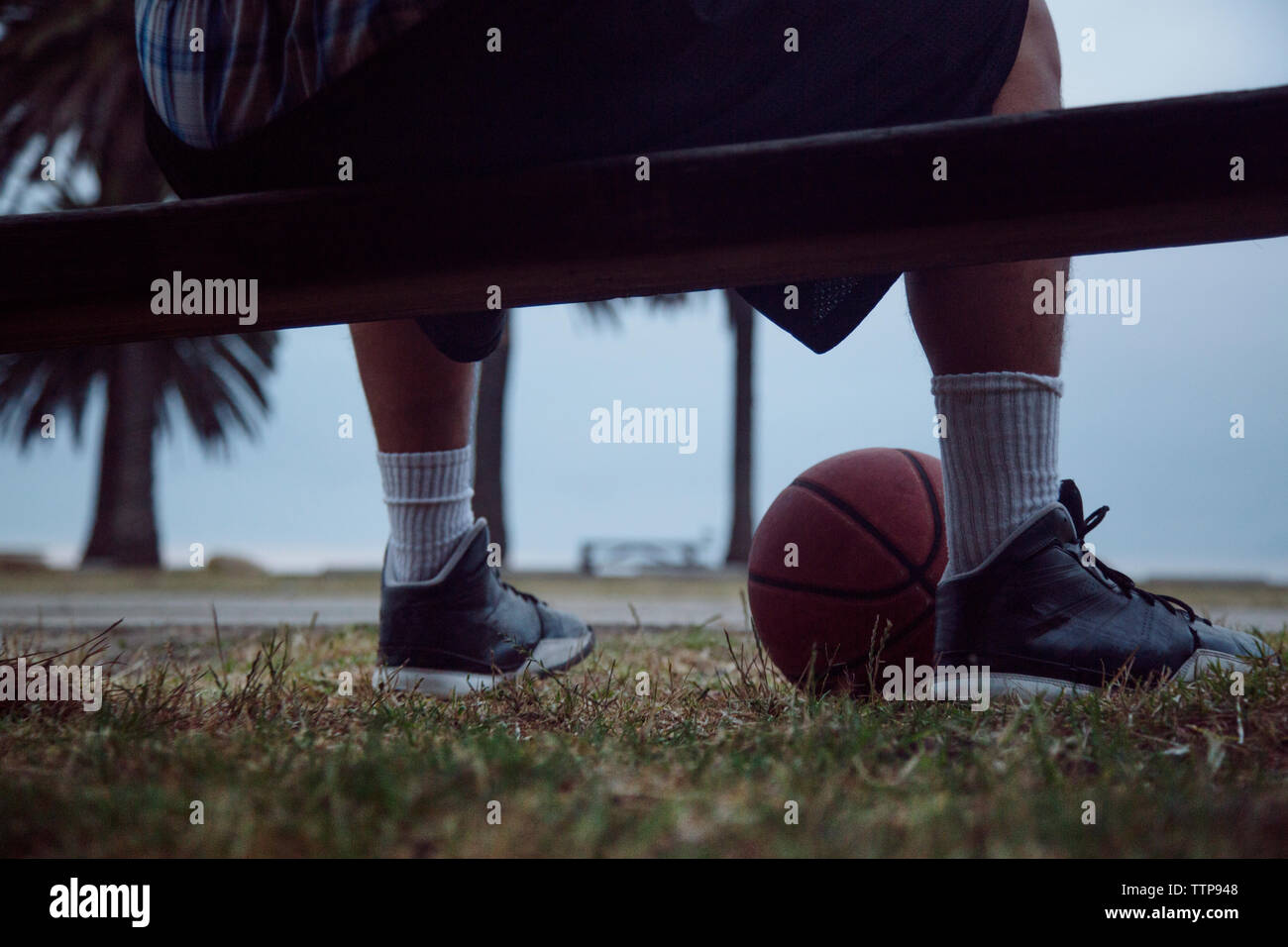 La section basse de l'homme assis sur un banc sur le terrain contre le ciel Banque D'Images