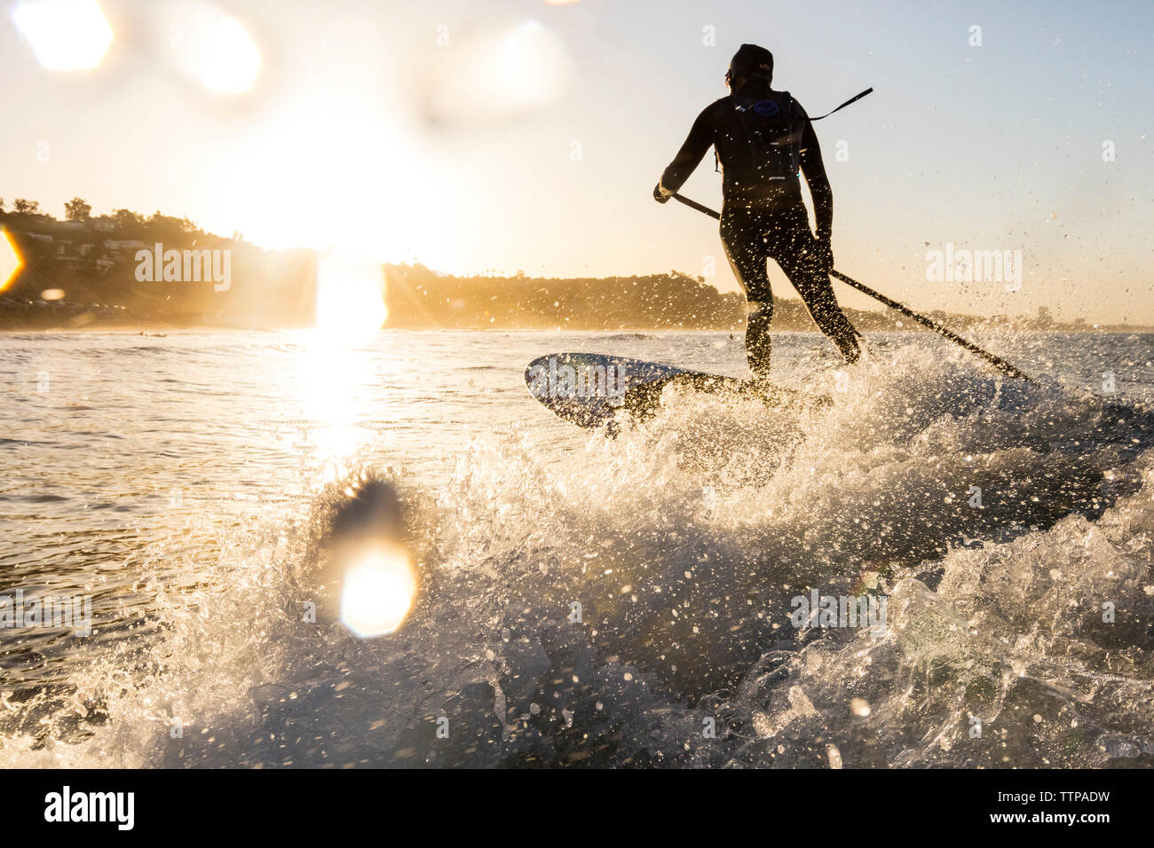 Vue arrière du man holding perche tout en surf en mer pendant le coucher du soleil Banque D'Images