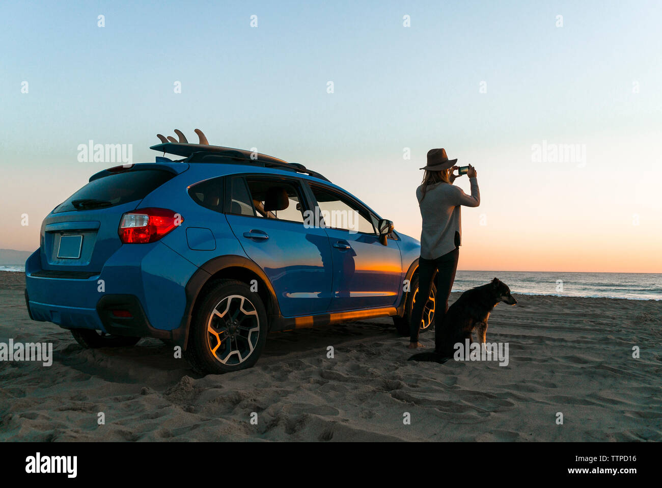 Photographier une femme debout avec chien par voiture à la plage Banque D'Images