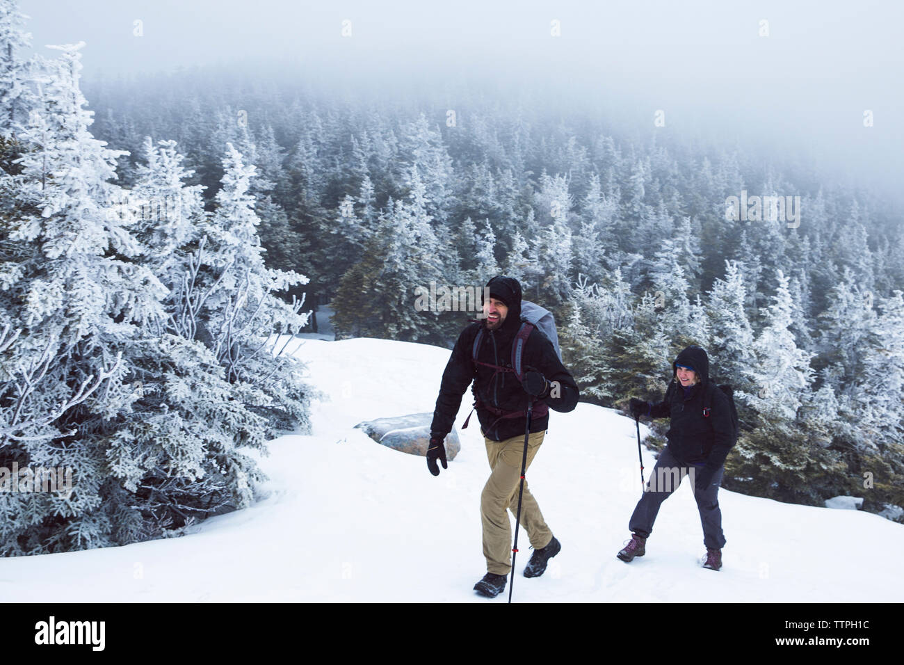 Toute la longueur de smiling friends avec des bâtons de marche à la découverte des forêts au cours de l'hiver Banque D'Images