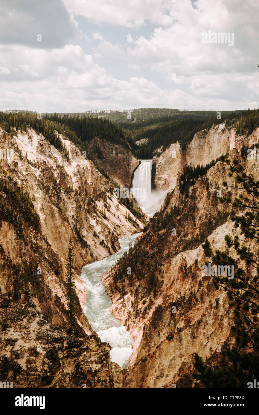 Vue panoramique de l'établissement Yellowstone Falls contre ciel nuageux dans la forêt Banque D'Images