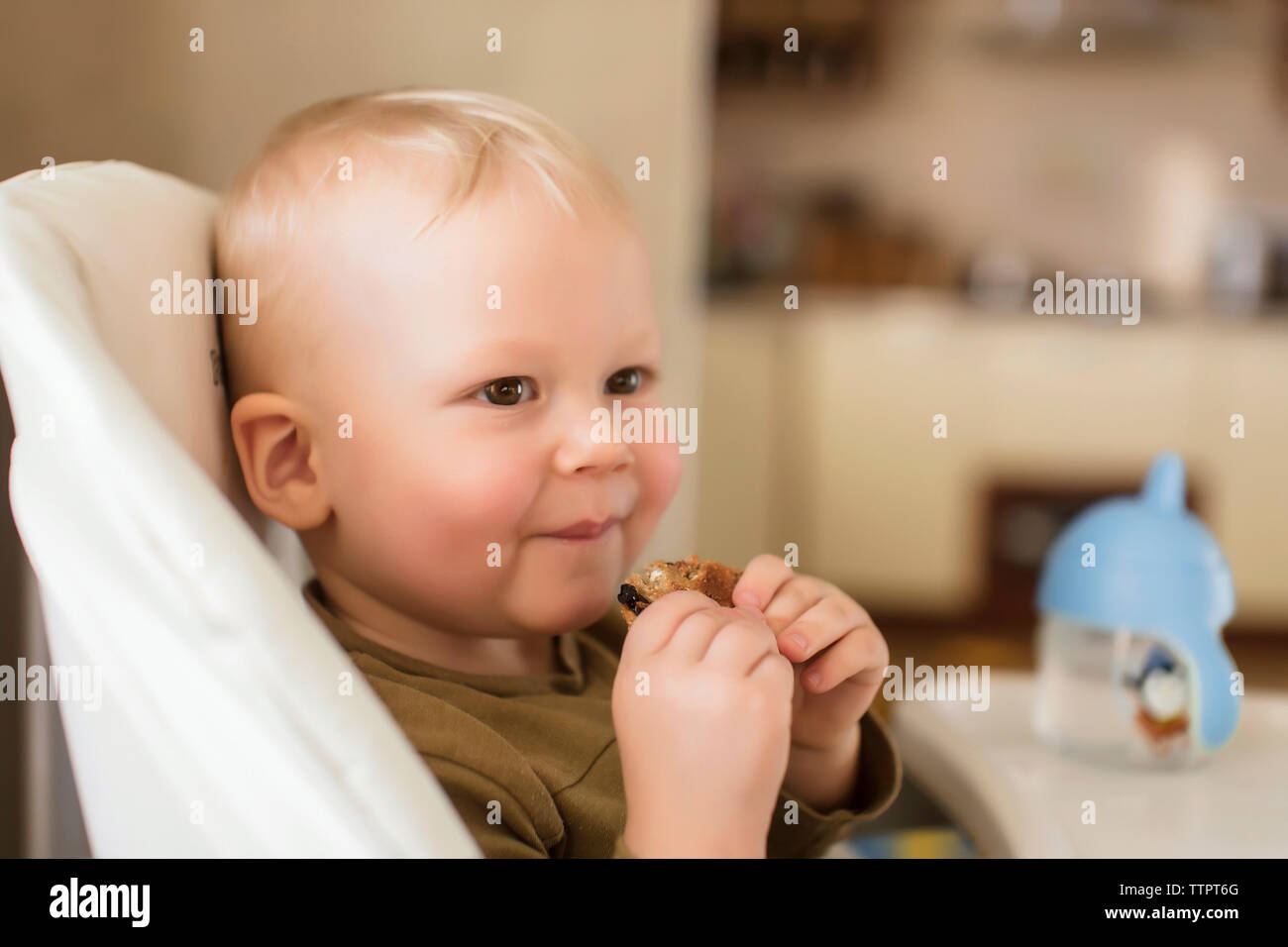 Close-up of boy having food tout en étant assis sur la chaise haute à la maison Banque D'Images