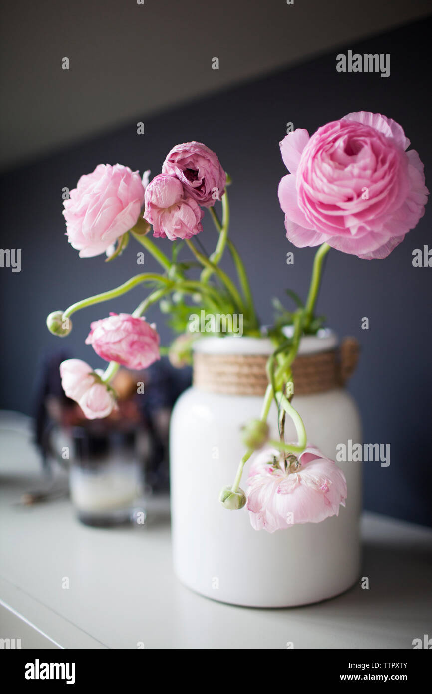 Close-up de roses roses dans un vase sur la table Banque D'Images