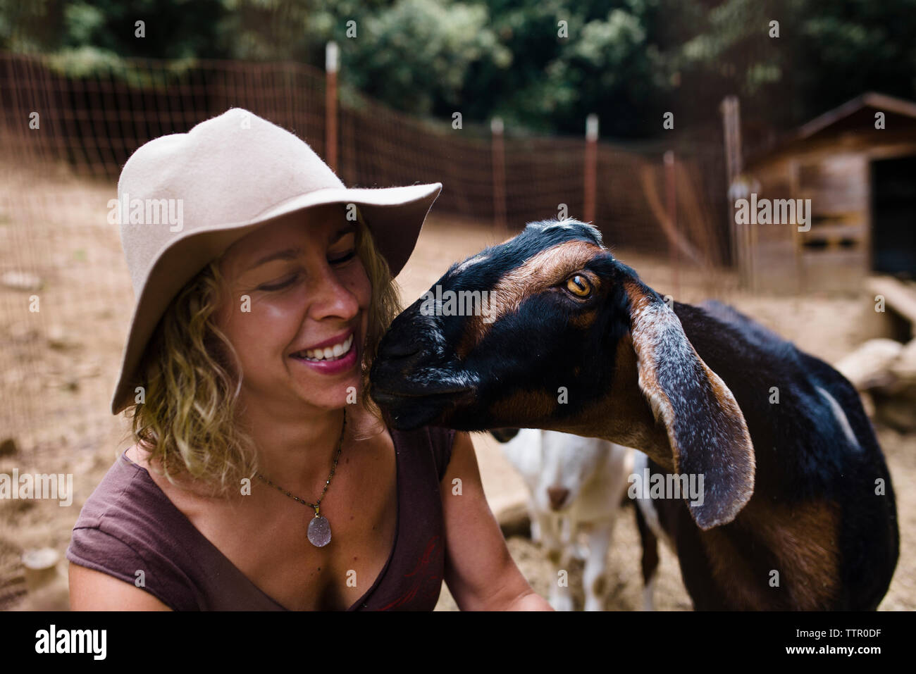 Close-up of smiling woman chèvre dans farm Banque D'Images