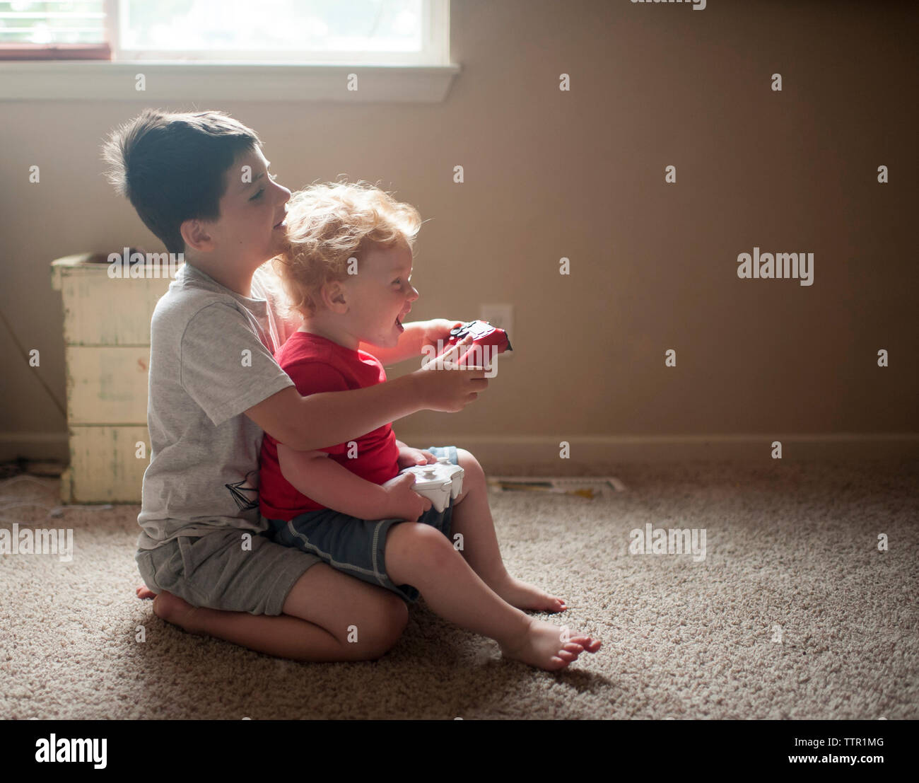Vue latérale du brothers playing video game alors qu'il était assis sur un tapis à la maison Banque D'Images
