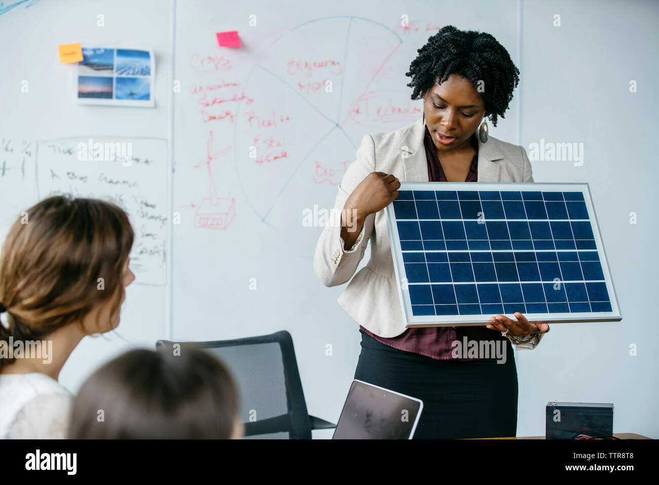 Businesswoman explaining panneau solaire modèle pendant meeting in office Banque D'Images