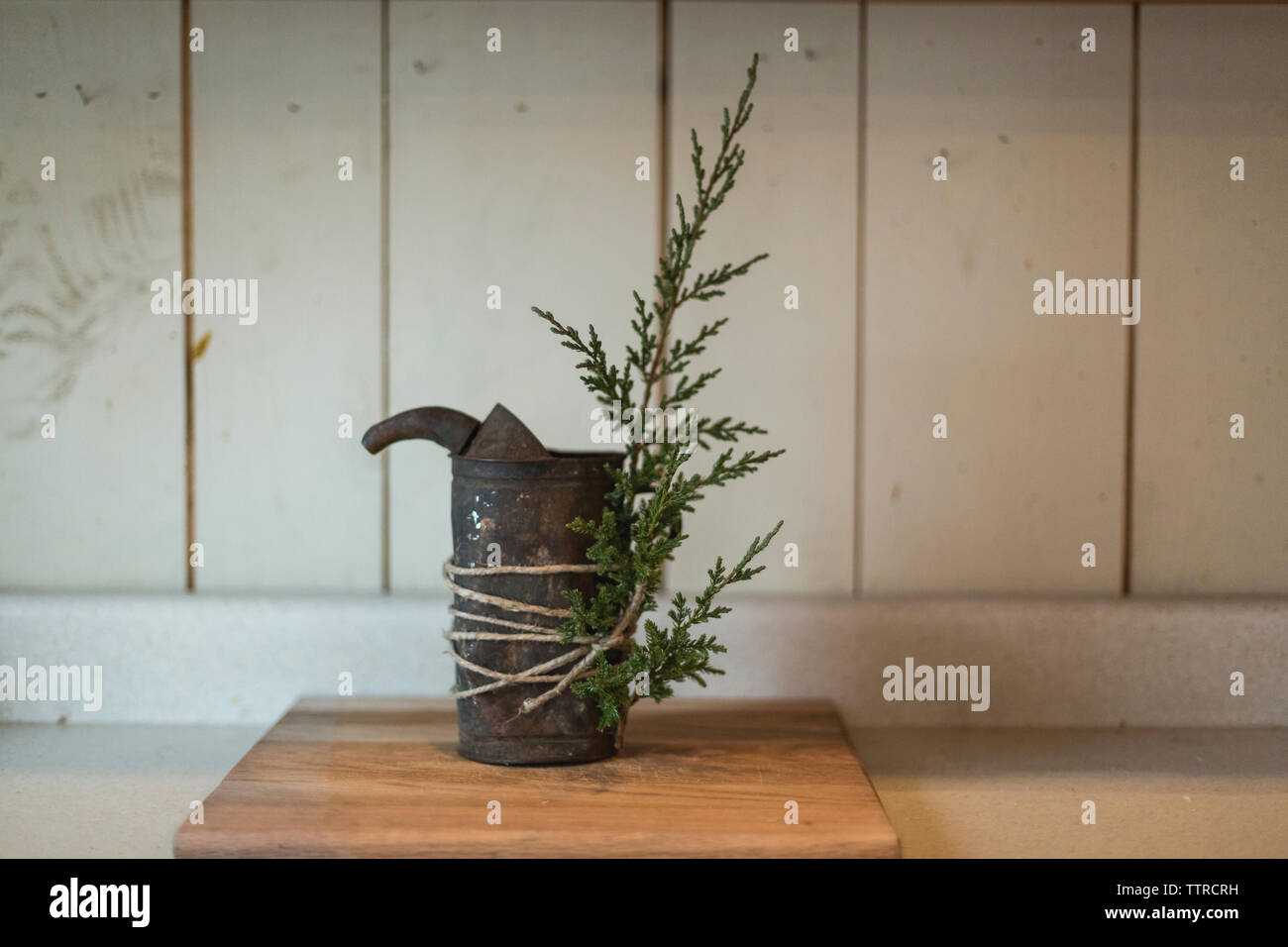 Close-up of rusty arrosoir attaché avec des plantes contre le mur sur la table Banque D'Images