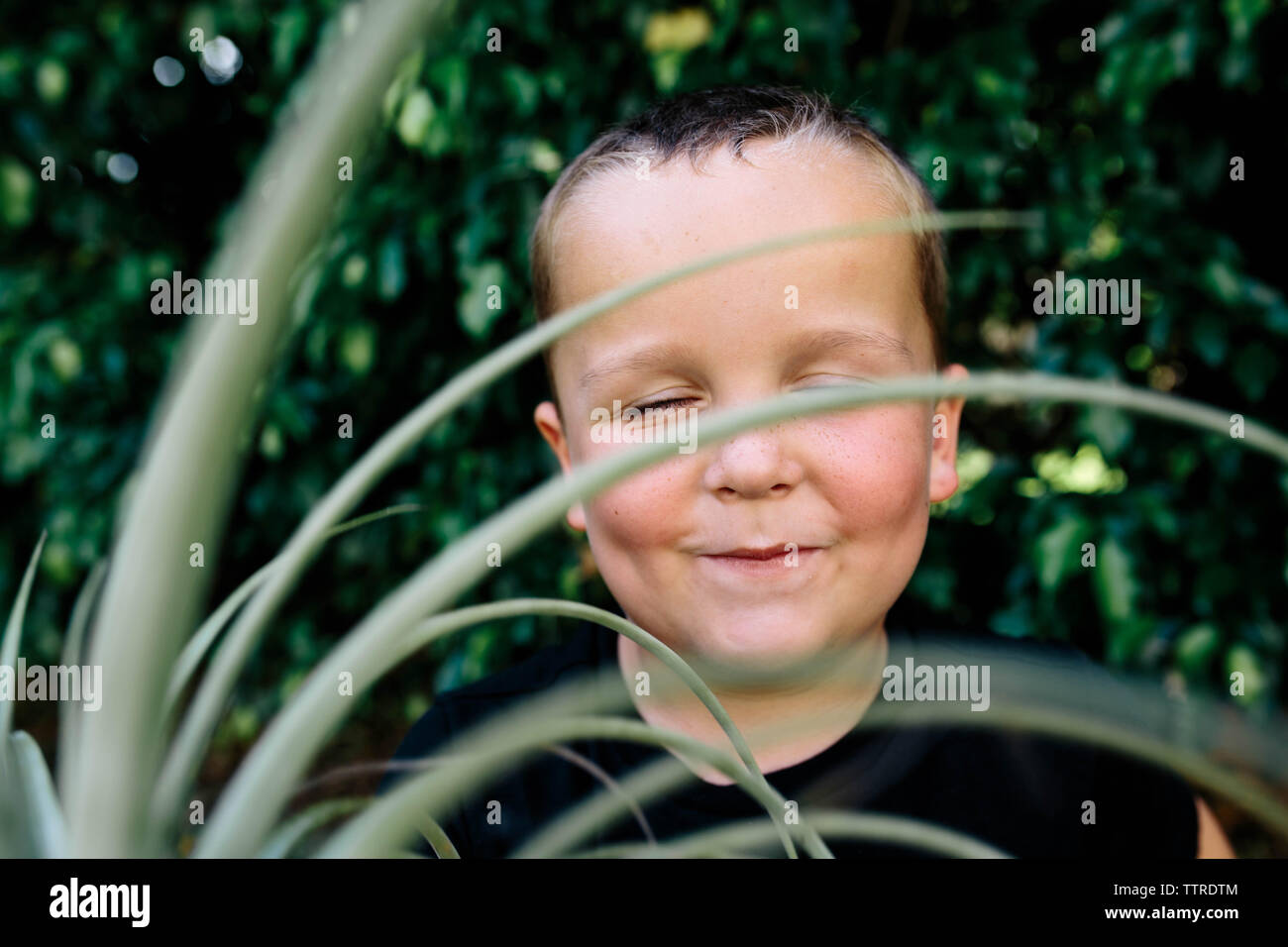 Close-up of cute boy avec les yeux fermés dans une cour de séance Banque D'Images
