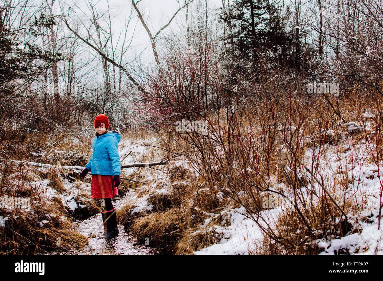 Girlin une Red Hat l'exploration d'un flux d'hiver enneigé Banque D'Images