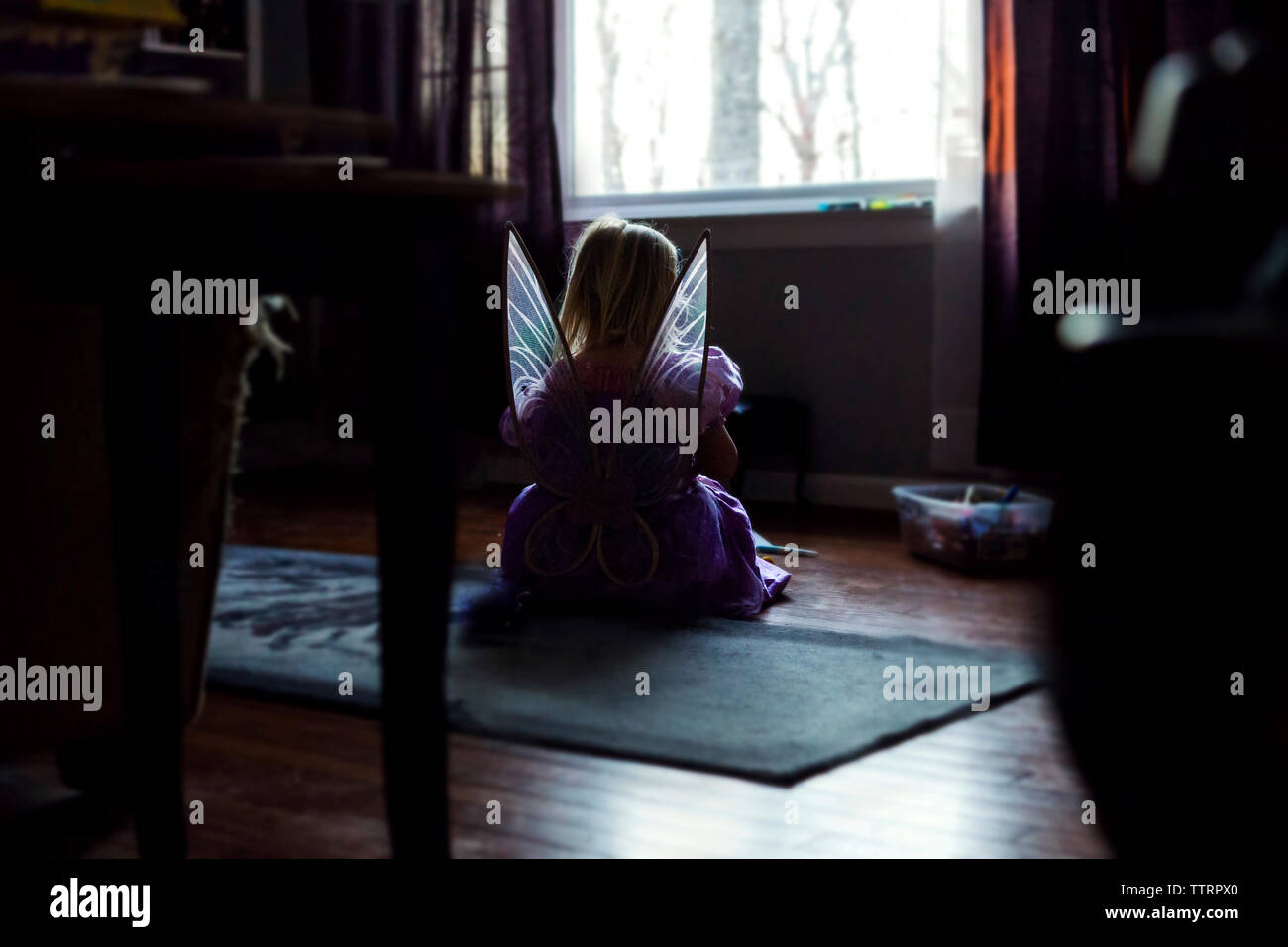 Vue arrière du girl in fairy costume sitting on floor at home Banque D'Images