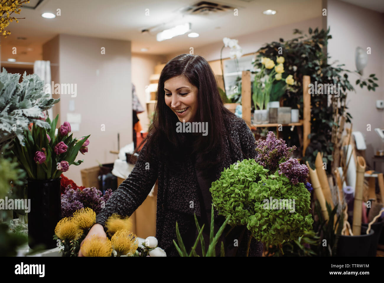 Female florist arranging flowers in store Banque D'Images