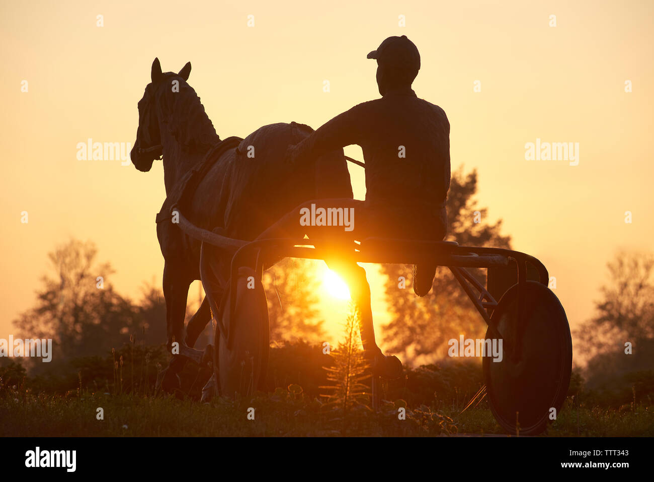 Statue de Silhouette homme assis sur le cheval panier contre le ciel au lever du soleil Banque D'Images
