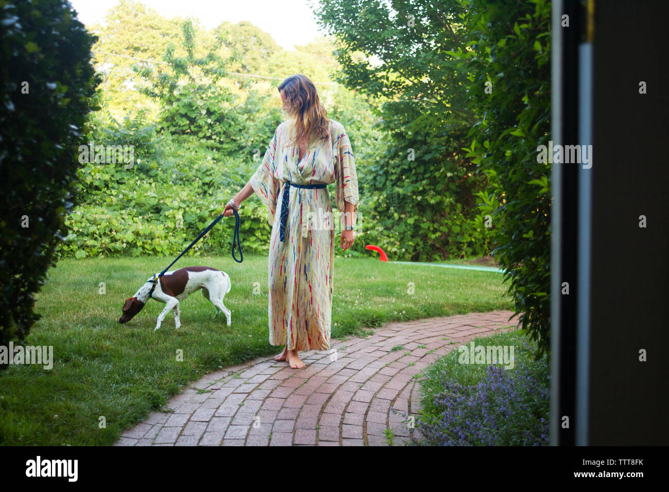 Woman walking with dog on pathway in yard Banque D'Images