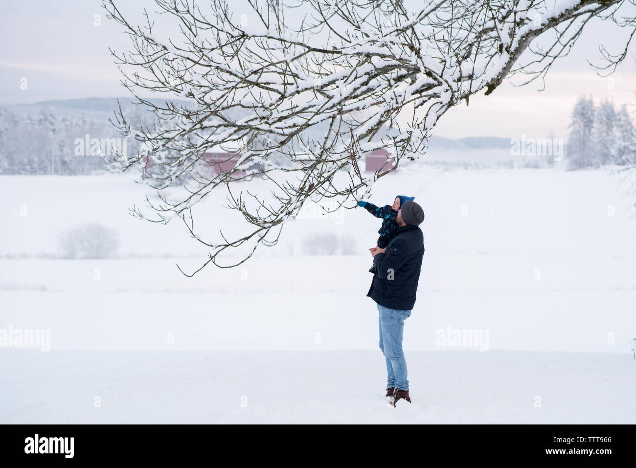 Père Fils toucher la neige Winter Wonderland Banque D'Images