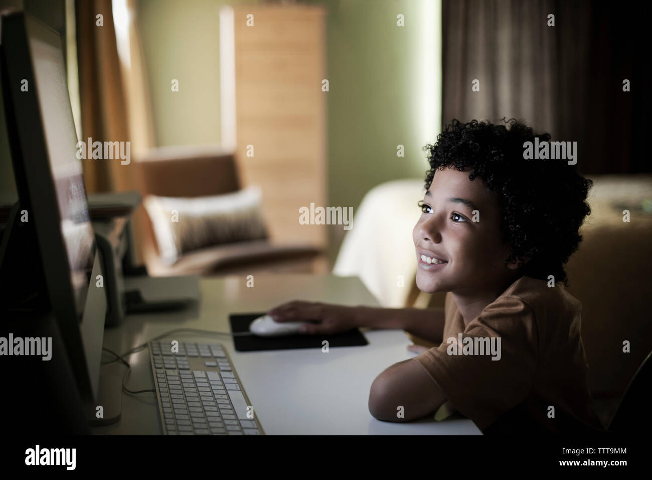 Smiling boy en utilisant ordinateur tout en restant assis à la maison Banque D'Images