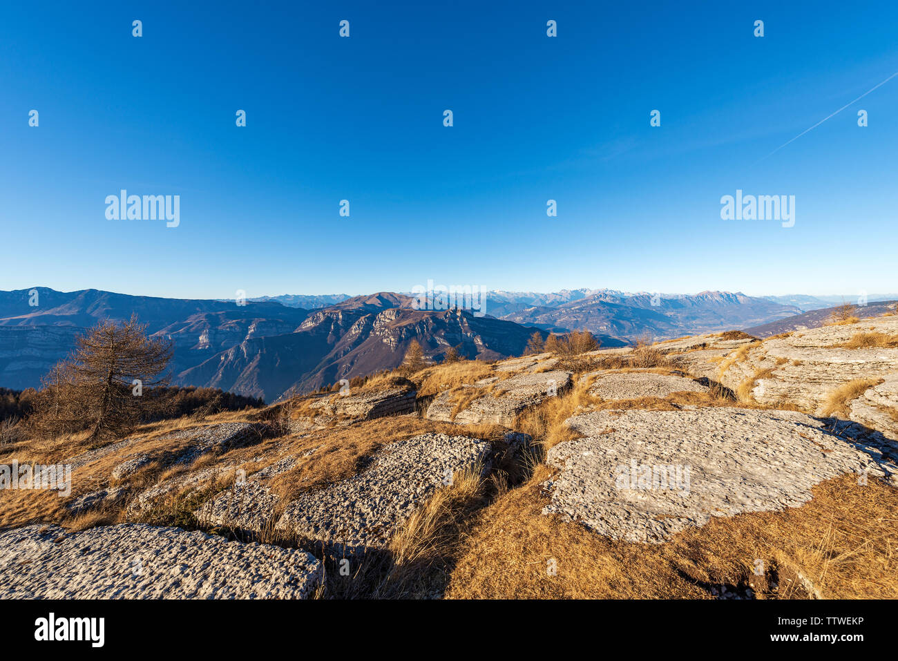 Alpes italiennes avec la vallée de l'Adige photographié à partir du plateau de Lessinia. La Vénétie et le Trentin Haut Adige, Italie, Europe Banque D'Images