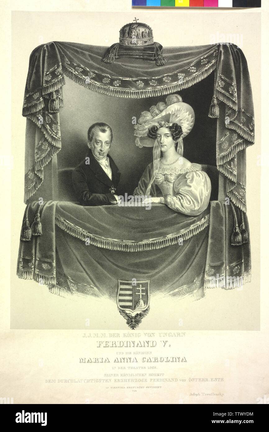 J. J. M. M. le Roi de Hongrie Ferdinand V. et la reine Mary Anna Carolina dans le théâtre, théâtre fort, lithographie. blason, Additional-Rights Clearance-Info-Not-Available- Banque D'Images