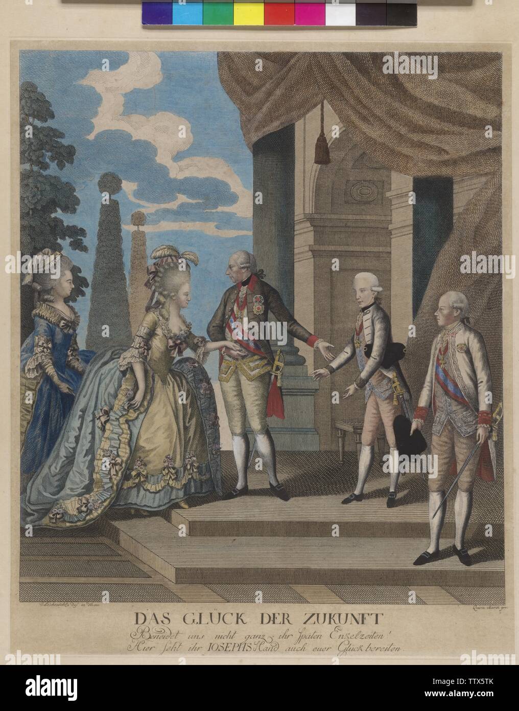 L'fortunateness de l'avenir - mariage de l'empereur François II (I) avec Elisabeth Wilhelmine de Wurtemberg, l'empereur Joseph II conduisant l'archiduc François-Joseph Karl, le plus tard l'empereur François II (I) sa première épouse Elisabeth de Wurtemberg à Wilhemine. ensemble sur le droit Grand-duc Léopold de Toscane, le plus tard l'Empereur Léopold II, le père de la Mariée Le Marié. ensemble sur la gauche, la mère de la mariée, Friederike Dorothea Sophia de Brandenburg-Schwedt. gravure sur cuivre de couleur / gravure par Quirinus Marck basé sur le dessin par Jerome Loeschenkohl Additional-Rights Clearance-Info,--Not-Available Banque D'Images
