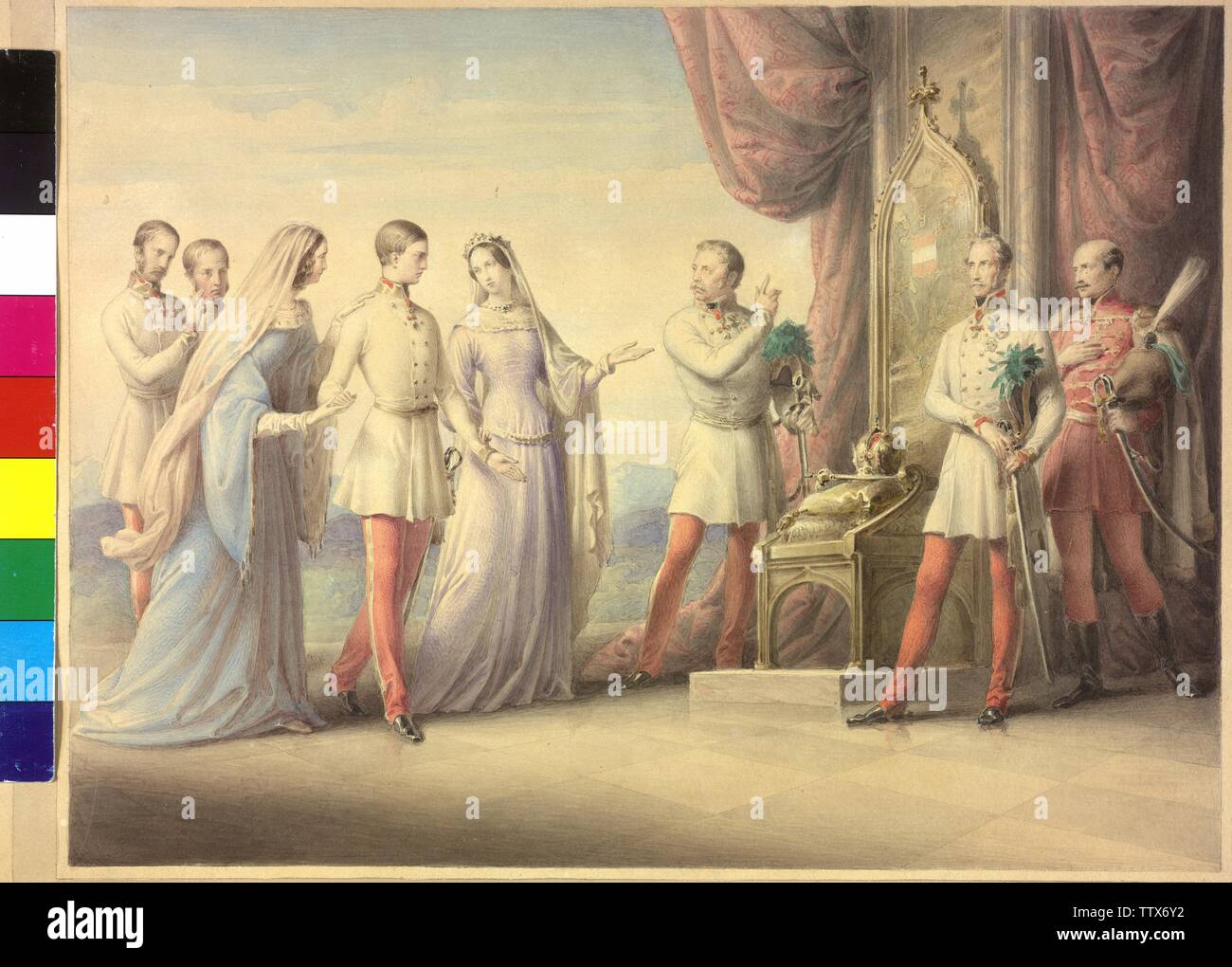 L'impératrice Maria Anna et l'archiduchesse Sophie d'escorter l'empereur François-Joseph sur le trône, l'impératrice Maria Anna (née princesse de Savoyen-Sardinien) et l'archiduchesse Sophie (princesse de Bavière) escortant le jeune François-Joseph, Empereur d'Autriche sur le trône avec l'état, de l'Alfred Prince de Windisch-Graetz, comte Joseph Radetzky et Joseph comte Jellacic convoquer. permanent à l'arrière-plan l'empereur Ferdinand et le père François-Joseph, l'archiduc François-Charles unhistorical caractérisation allégorique sur l'accession au trône sur 2.12.1848. Additional-Rights Clearance-Info,--Not-Available Banque D'Images