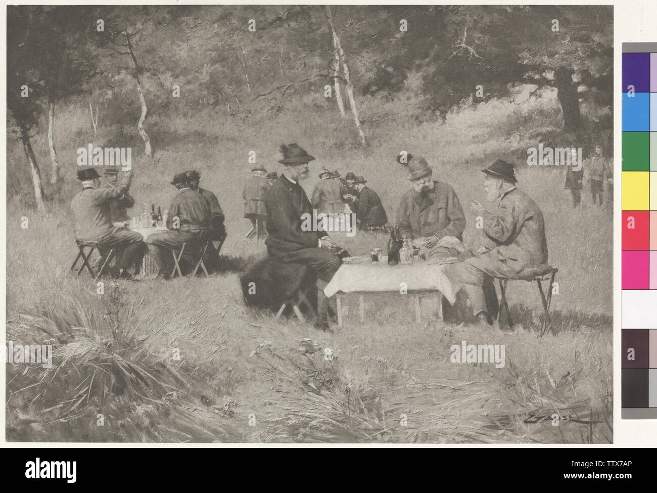 Petit-déjeuner en extérieur dans Goedoelloe - partie de chasse, l'empereur François-Joseph à table avec le prince Léopold de Bavière et le Grand-duc Ferdinand IV de Toscane, dans l'arrière-plan Général Aide de Camp général Eudard count couple et Chamberlain Rudolf prince Liechtenstein photogravure basé sur la peinture von Wilhelm Gause de porte-documents : 'Kaiserbilder» Institut littéraire, cosmos, Vienna-Leipzig-Budapest (porte-documents avec 28 heliogravures basé sur peintures) Additional-Rights Clearance-Info,--Not-Available Banque D'Images