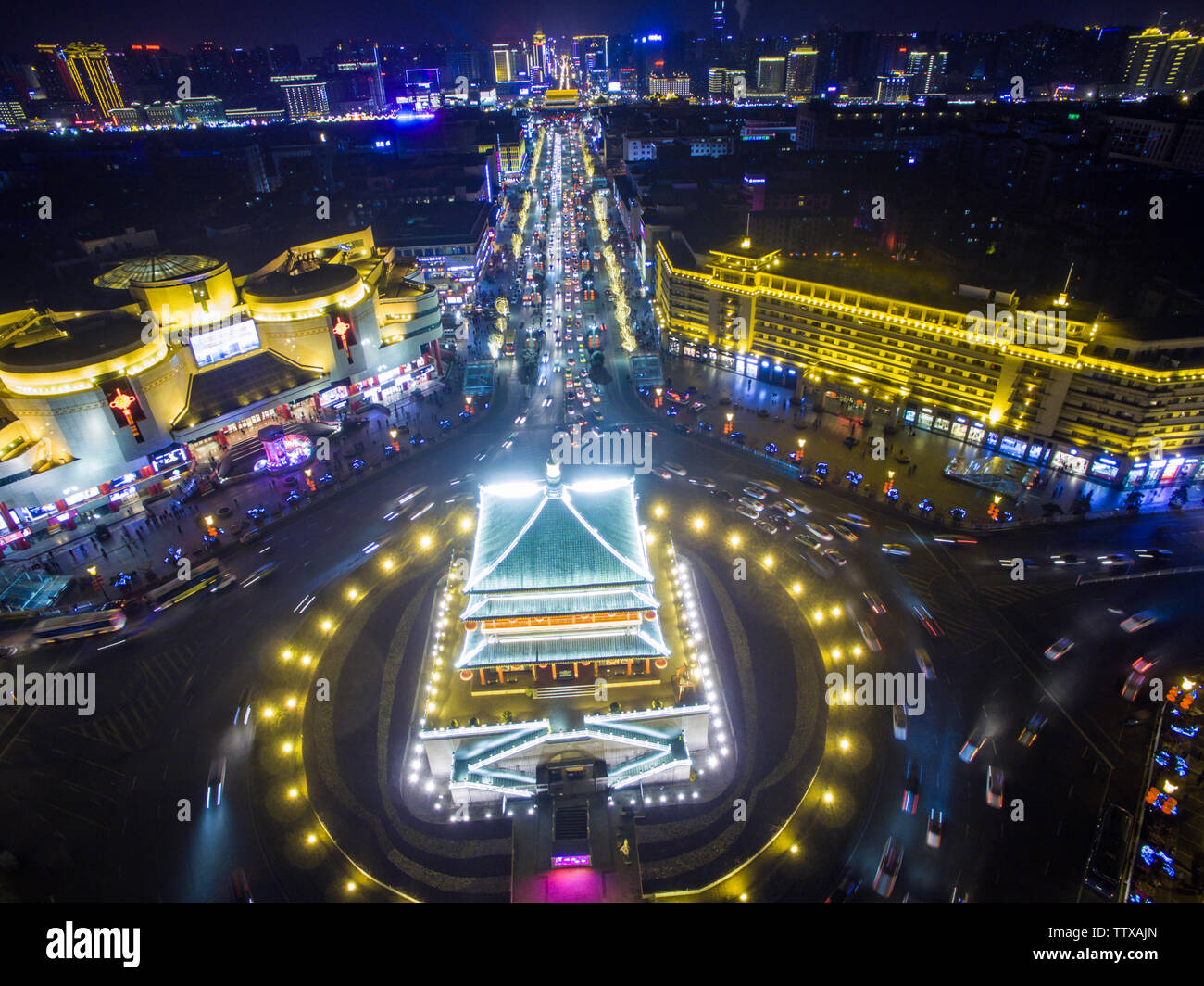 Vue de la nuit de Xi'an tour de l'horloge en hiver Banque D'Images