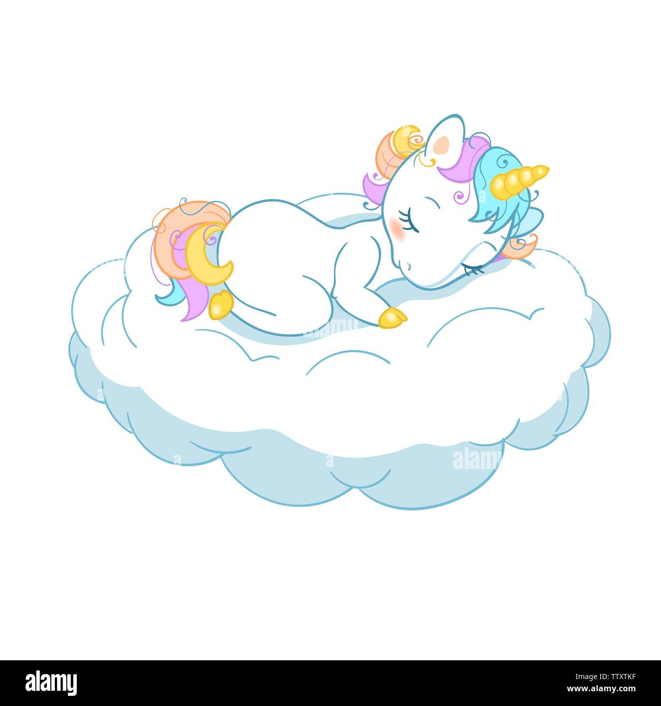 Magic cute cartoon style dans UNICORN. Unicorn Doodle de dormir sur un nuage. Vector illustration pour cartes, posters, t-shirts imprimés, design textile. Illustration de Vecteur