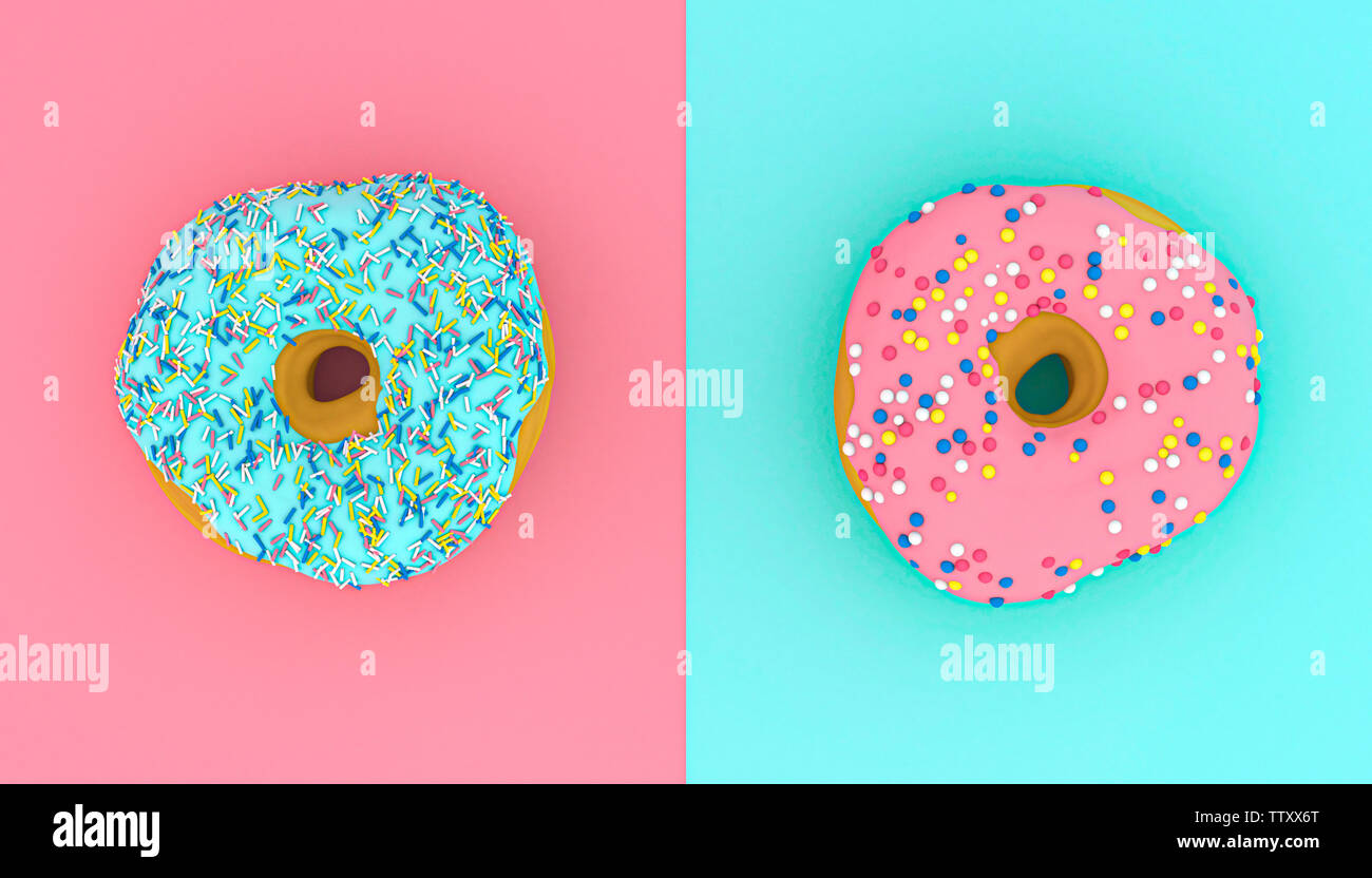 Image 3D reconstruite de donuts sur fond rose et bleu clair en télévision jeter style. Banque D'Images
