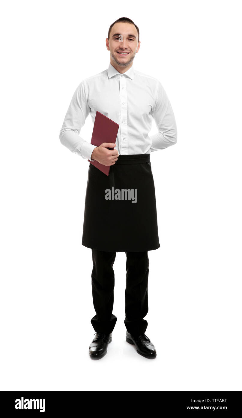 Young handsome waiter holding restaurant menu sur fond blanc Banque D'Images