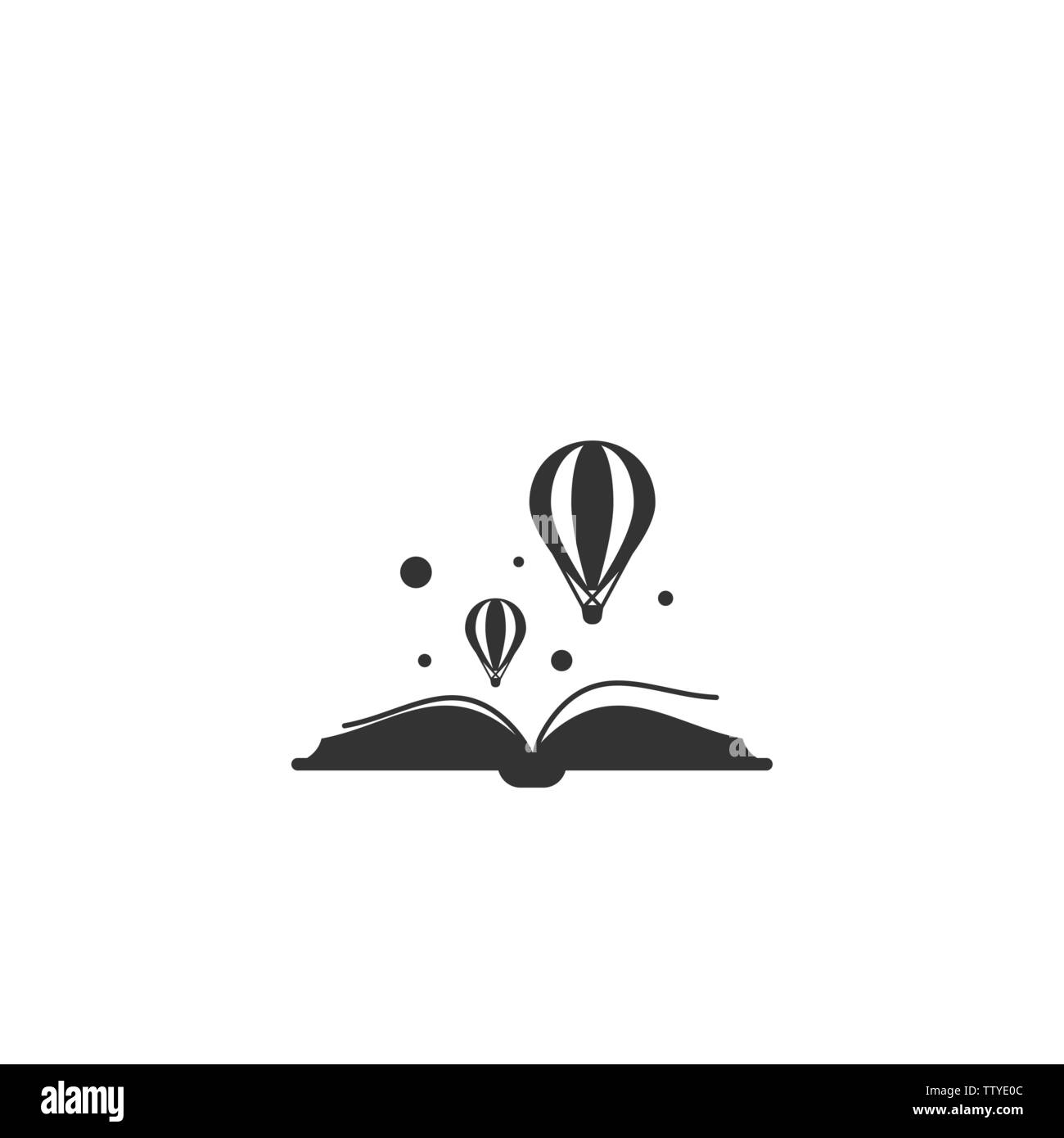 Livre ouvert noir avec des ballons d'air isolé sur fond blanc. Télévision vecteur illustration. Lecture de conte magique logo. Imagination et inspiration pi Illustration de Vecteur