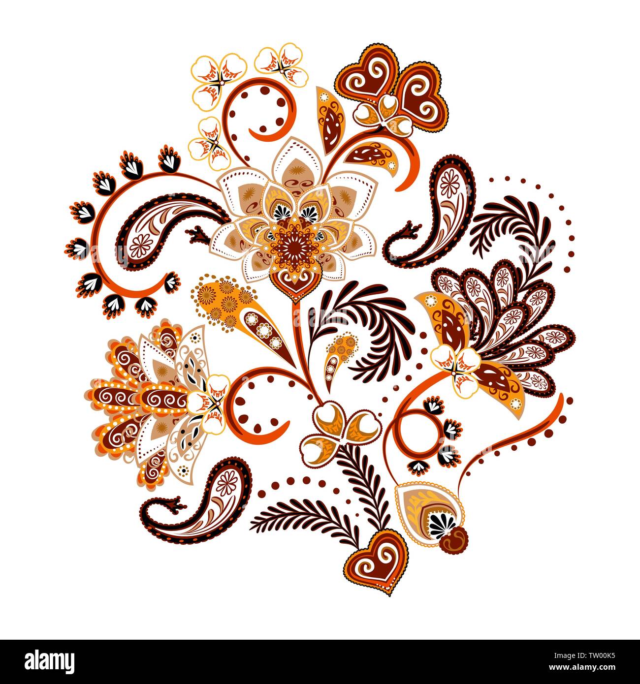 La broderie. Bouquet avec de belles fleurs, feuilles et Paisley. Composition florale aux couleurs vives sur fond blanc. Illustration de Vecteur