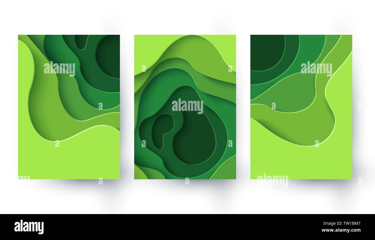 Ensemble de trois eco abstract green paper cut des bannières. Illustration de Vecteur