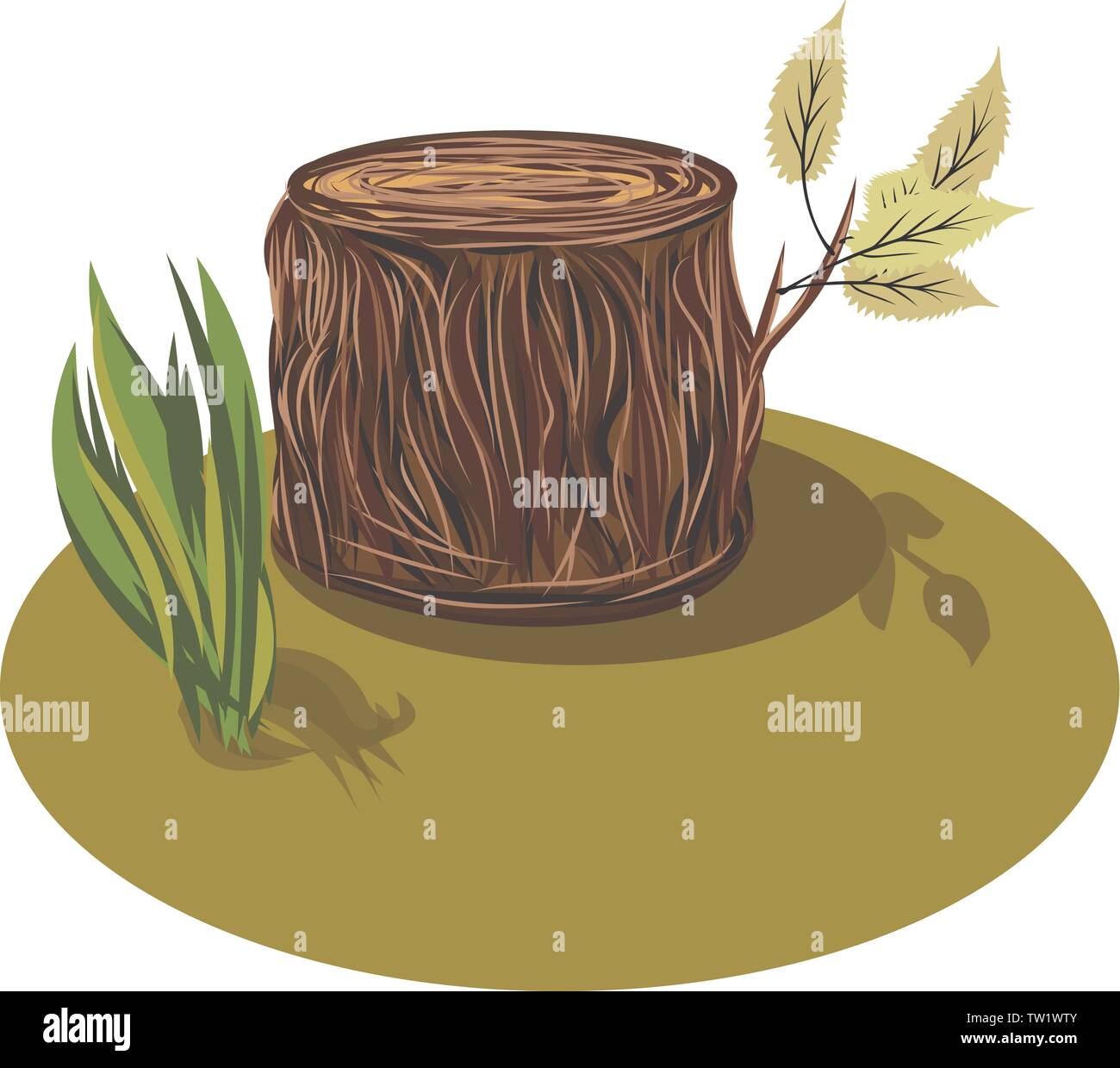 Vector Illustration d'un dessin animé big tree stump avec quelques feuilles et quelques brins d'herbe. Souche d'arbre. Illustration de Vecteur