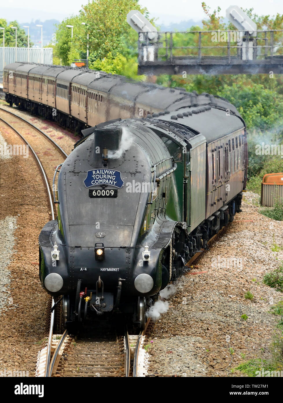 LNER classe A4 Pacifique no 60009 'Union of South Africa' quitte la boucle plate-forme à Dawlish Warren avec le Dartmouth Express à Kingswear, 08.06.2019. Banque D'Images