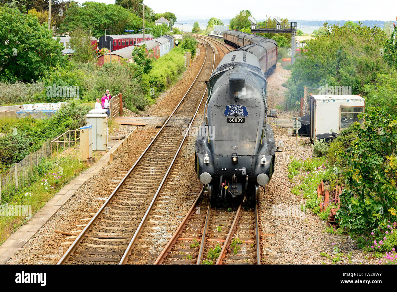 LNER classe A4 Pacifique no 60009 'Union of South Africa' quitte la boucle plate-forme à Dawlish Warren avec le Dartmouth Express à Kingswear, 08.06.2019. Banque D'Images