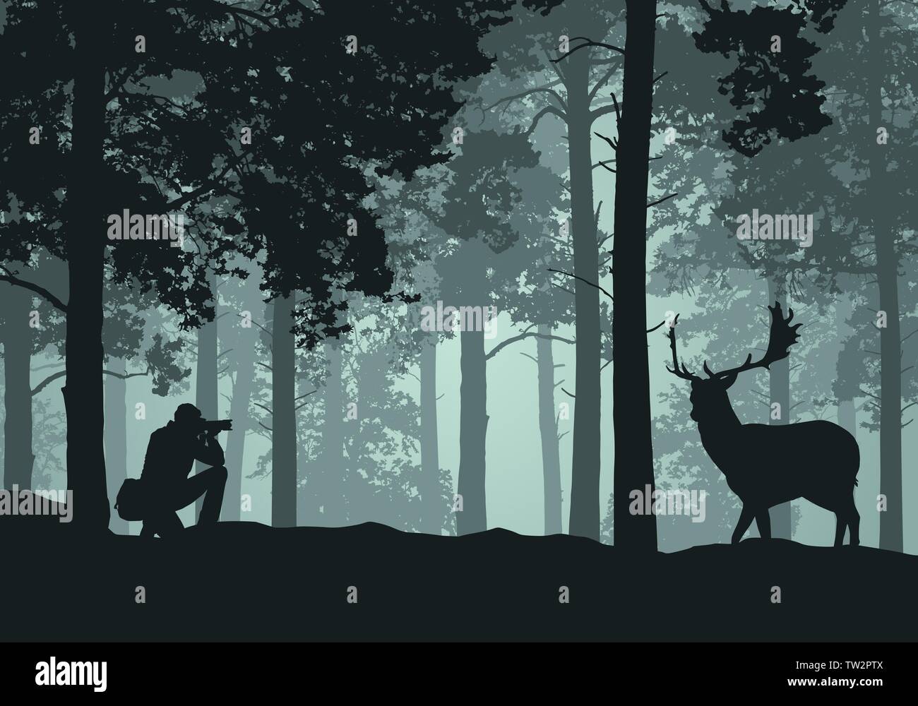Illustration réaliste du paysage avec la forêt de conifères, le cerf avec bois sous ciel vert. Photographies photographe en milieu sauvage des animaux - Vector Illustration de Vecteur