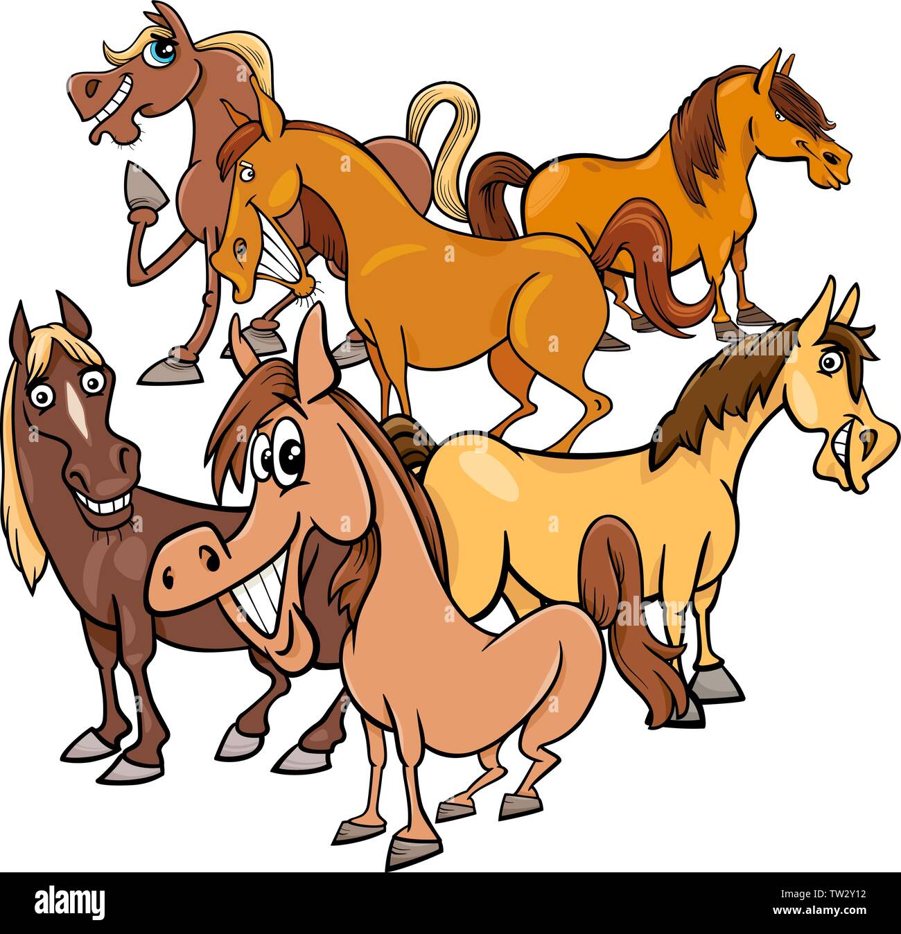 Cartoon Illustration de chevaux drôles d'animaux de ferme le Groupe Caractères Illustration de Vecteur